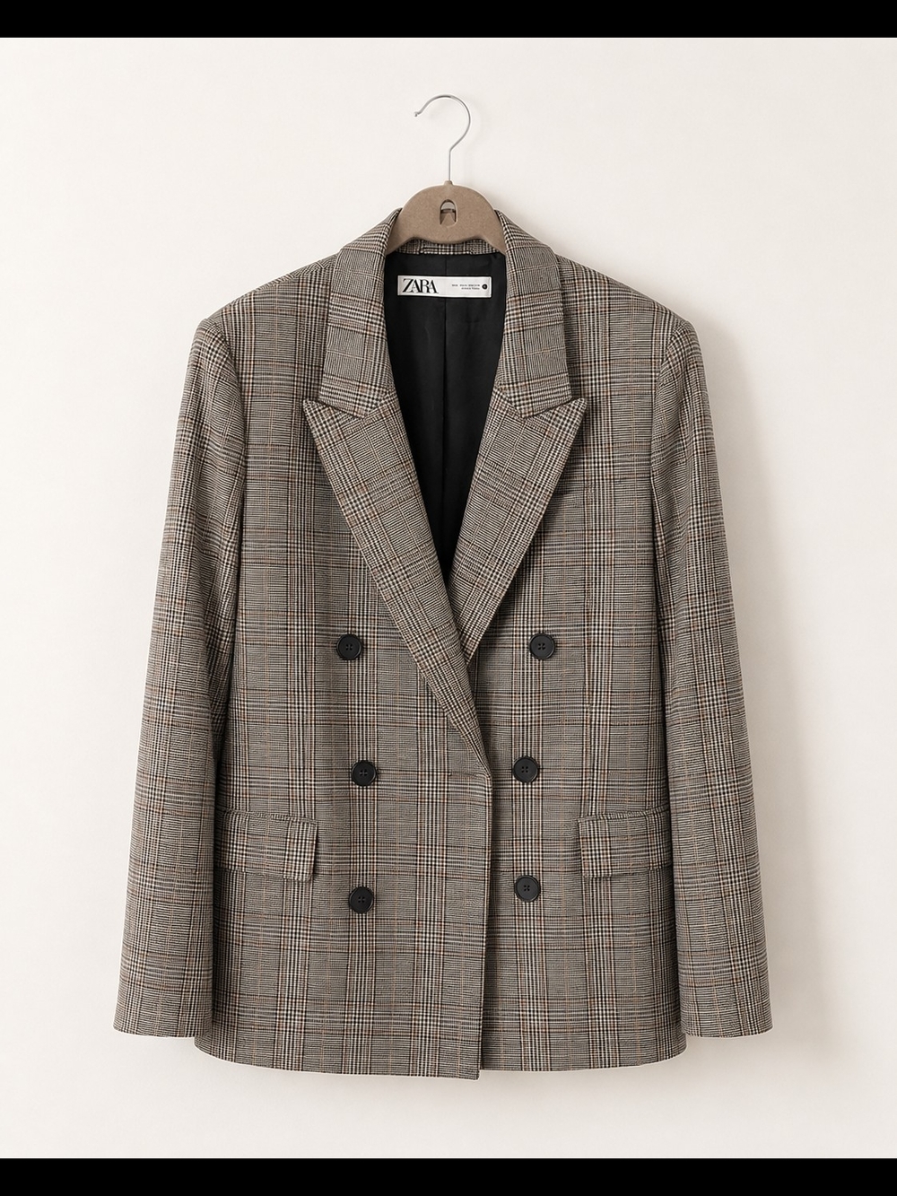 Zara Plaid Double-Breasted Blazer in Brown and Black Check
